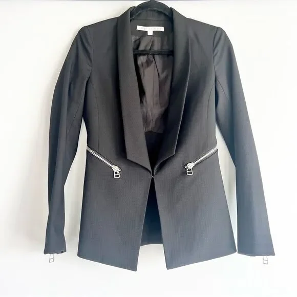 Veronica Beard Textured Black Blazer Jacket with Silver Zipper Detailing Size 0 - Picture 11 of 15